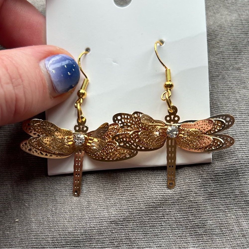 Dragonfly fashion earrings golden-rose gold color CZ type stone in the body